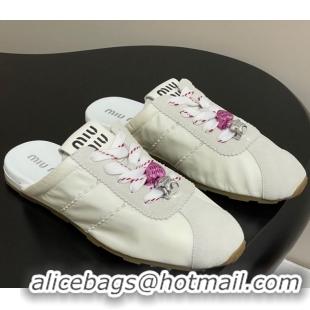 Pretty Style Miu Miu Plumet Fabric and Suede Flat Sneaker Mules with Charm White 50603145