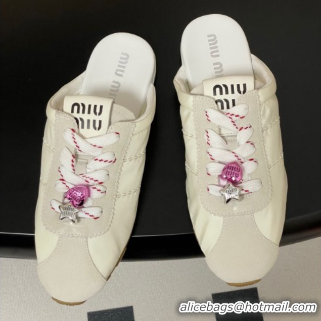 Pretty Style Miu Miu Plumet Fabric and Suede Flat Sneaker Mules with Charm White 50603145
