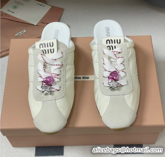 Pretty Style Miu Miu Plumet Fabric and Suede Flat Sneaker Mules with Charm White 50603145