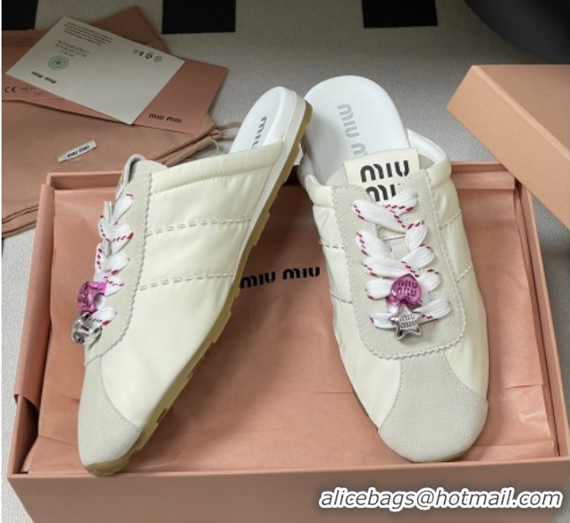 Pretty Style Miu Miu Plumet Fabric and Suede Flat Sneaker Mules with Charm White 50603145