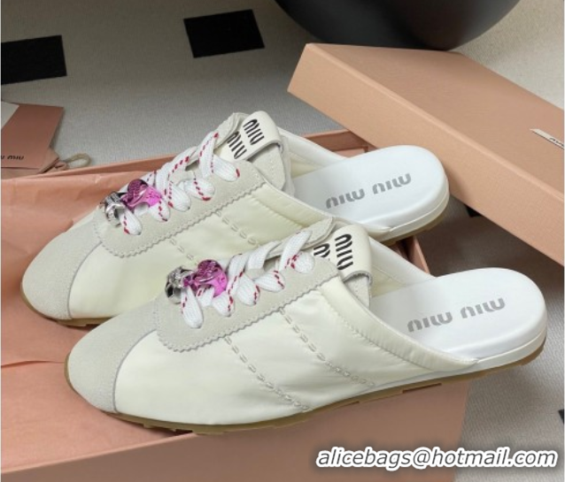 Pretty Style Miu Miu Plumet Fabric and Suede Flat Sneaker Mules with Charm White 50603145