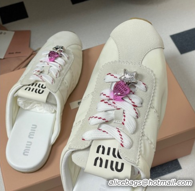 Pretty Style Miu Miu Plumet Fabric and Suede Flat Sneaker Mules with Charm White 50603145