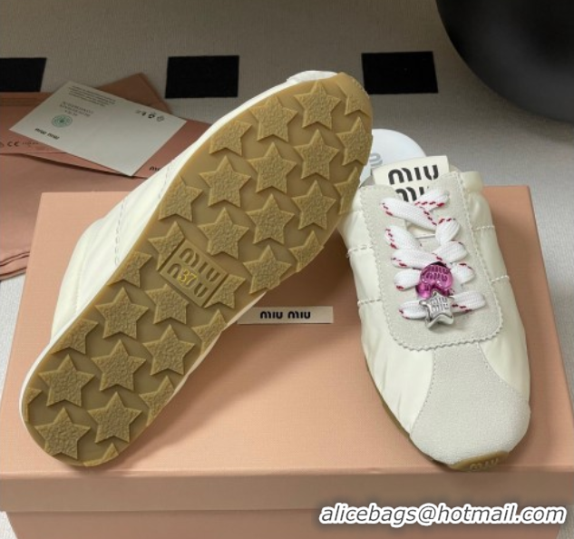Pretty Style Miu Miu Plumet Fabric and Suede Flat Sneaker Mules with Charm White 50603145