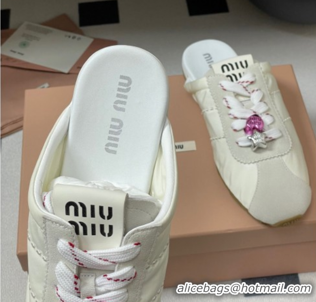 Pretty Style Miu Miu Plumet Fabric and Suede Flat Sneaker Mules with Charm White 50603145