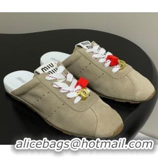 Good Looking Miu Miu Plumet Suede Flat Sneaker Mules with Charm Beige 50603146