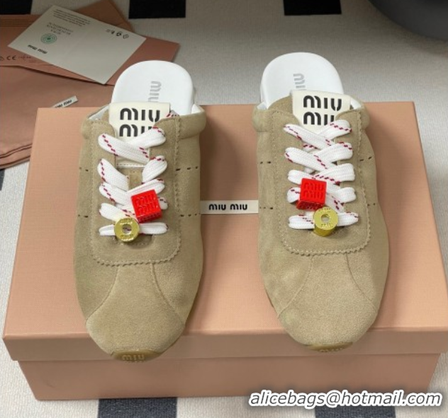 Good Looking Miu Miu Plumet Suede Flat Sneaker Mules with Charm Beige 50603146
