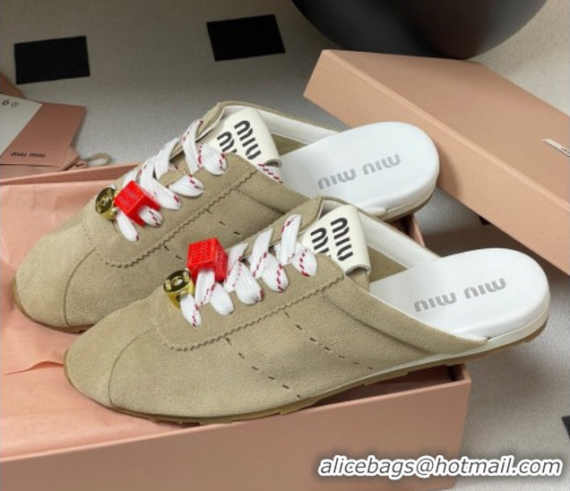 Good Looking Miu Miu Plumet Suede Flat Sneaker Mules with Charm Beige 50603146