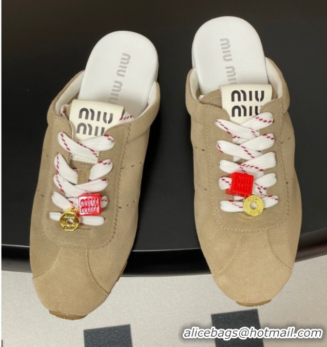 Good Looking Miu Miu Plumet Suede Flat Sneaker Mules with Charm Beige 50603146