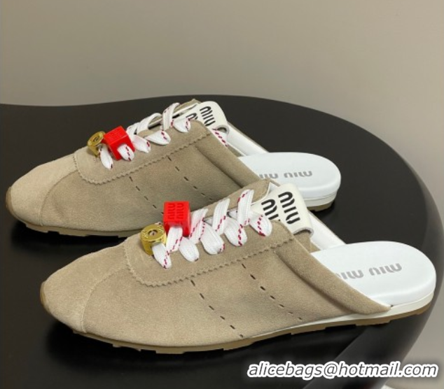 Good Looking Miu Miu Plumet Suede Flat Sneaker Mules with Charm Beige 50603146