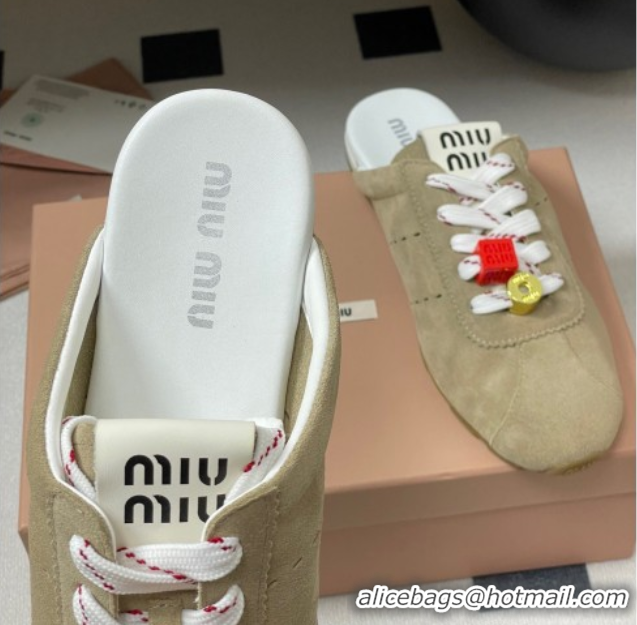 Good Looking Miu Miu Plumet Suede Flat Sneaker Mules with Charm Beige 50603146