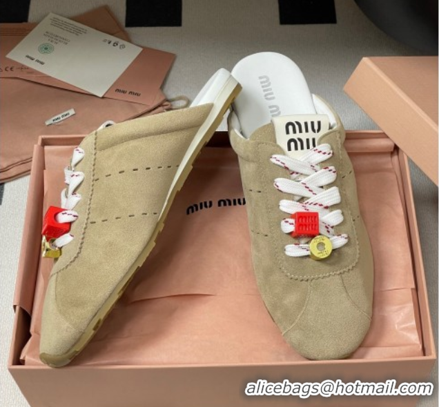 Good Looking Miu Miu Plumet Suede Flat Sneaker Mules with Charm Beige 50603146