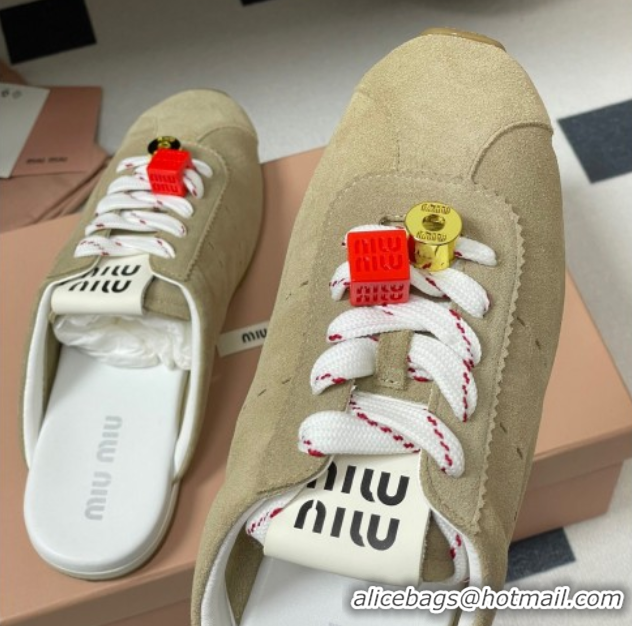 Good Looking Miu Miu Plumet Suede Flat Sneaker Mules with Charm Beige 50603146