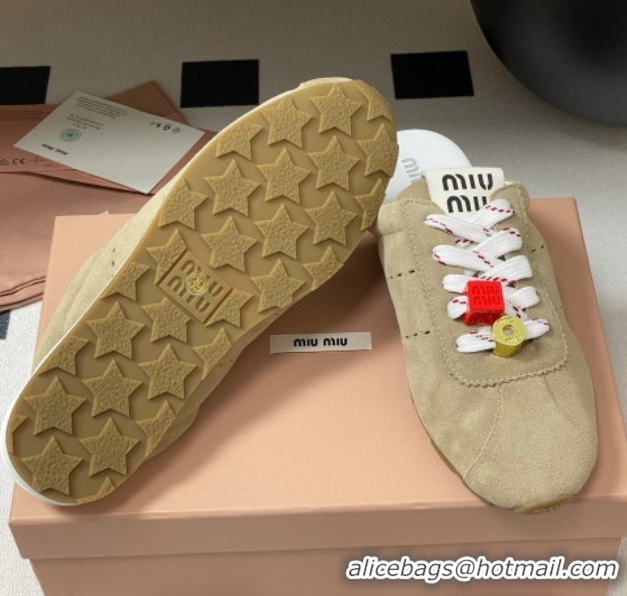 Good Looking Miu Miu Plumet Suede Flat Sneaker Mules with Charm Beige 50603146