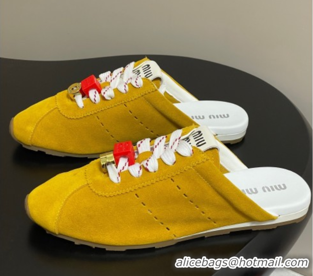 Best Price Miu Miu Plumet Suede Flat Sneaker Mules with Charm Yellow 0603147