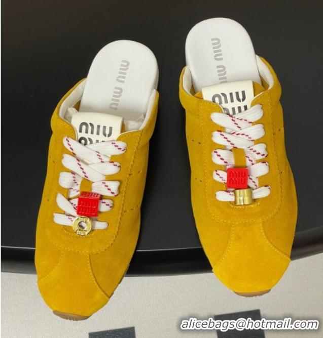 Best Price Miu Miu Plumet Suede Flat Sneaker Mules with Charm Yellow 0603147