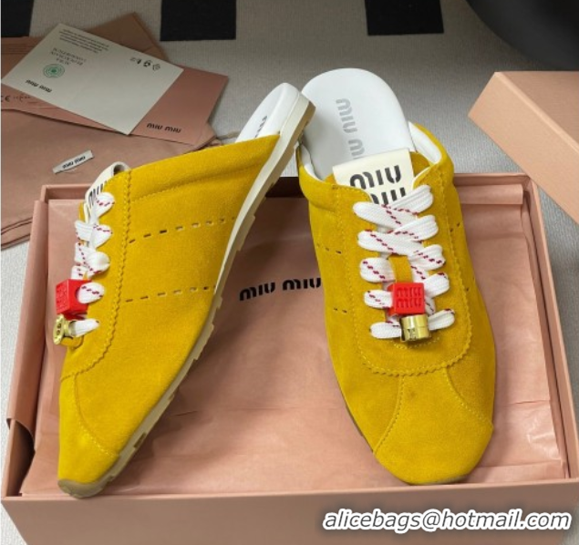 Best Price Miu Miu Plumet Suede Flat Sneaker Mules with Charm Yellow 0603147