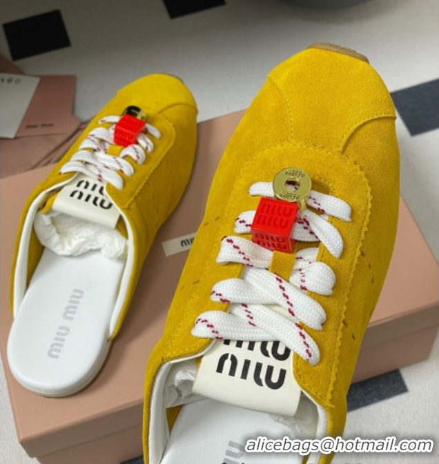 Best Price Miu Miu Plumet Suede Flat Sneaker Mules with Charm Yellow 0603147