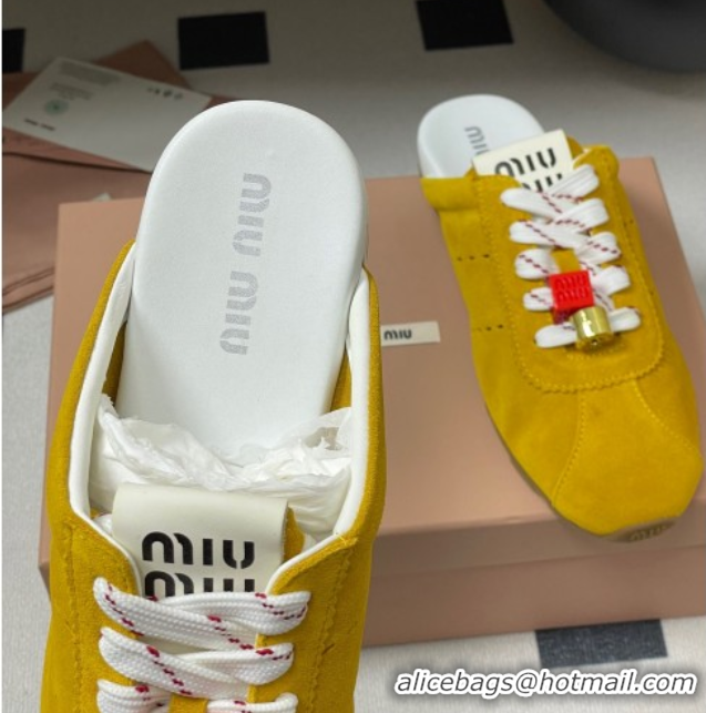 Best Price Miu Miu Plumet Suede Flat Sneaker Mules with Charm Yellow 0603147