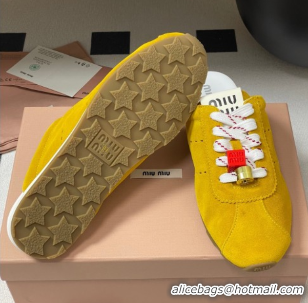 Best Price Miu Miu Plumet Suede Flat Sneaker Mules with Charm Yellow 0603147