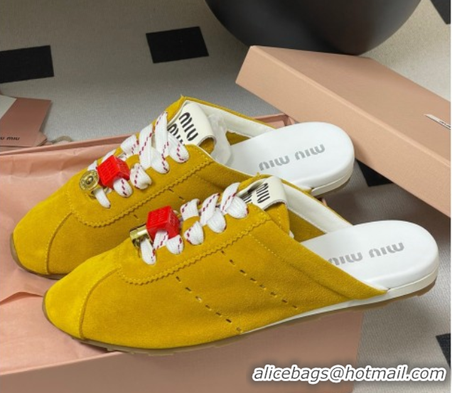 Best Price Miu Miu Plumet Suede Flat Sneaker Mules with Charm Yellow 0603147
