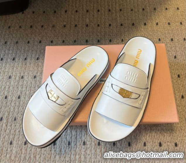 Purchase Miu Miu Nappa Leather Coin Flat Slides Sandal White 2025 MIU060304 0603148