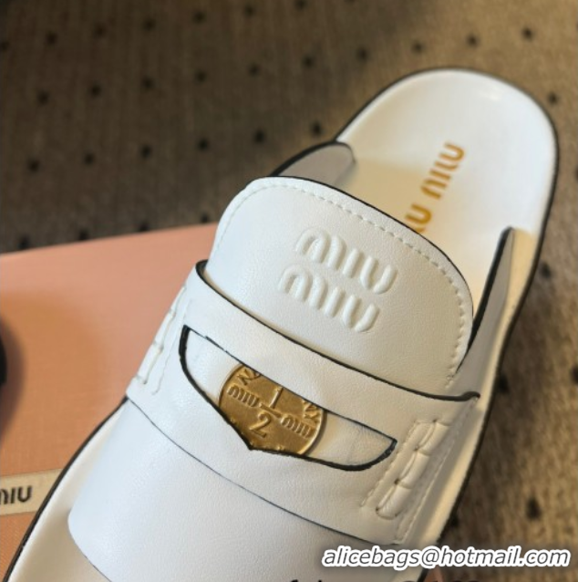 Purchase Miu Miu Nappa Leather Coin Flat Slides Sandal White 2025 MIU060304 0603148