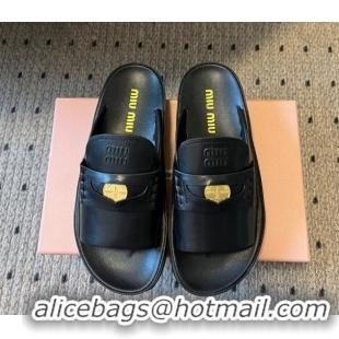 Perfect Miu Miu Nappa Leather Coin Flat Slides Sandal Black 2025 MIU060304 0603149