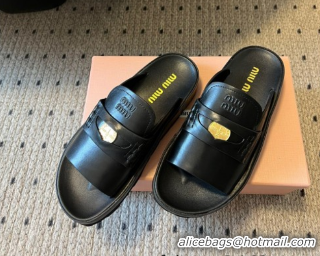 Perfect Miu Miu Nappa Leather Coin Flat Slides Sandal Black 2025 MIU060304 0603149