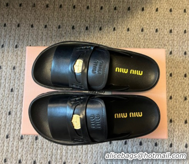 Perfect Miu Miu Nappa Leather Coin Flat Slides Sandal Black 2025 MIU060304 0603149