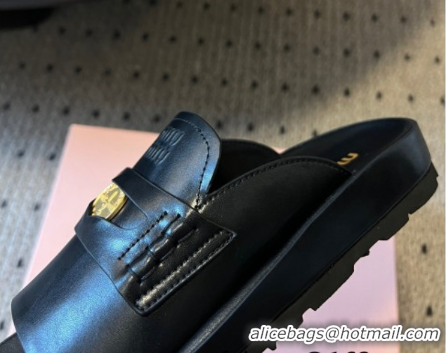 Perfect Miu Miu Nappa Leather Coin Flat Slides Sandal Black 2025 MIU060304 0603149