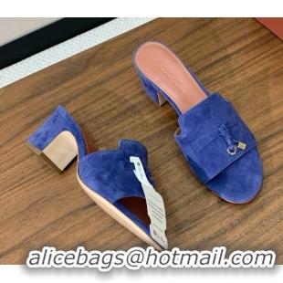 Fashion Luxury Loro Piana Summer Charms Sandal 5.5cm Heel in Suede LP62007 Blue