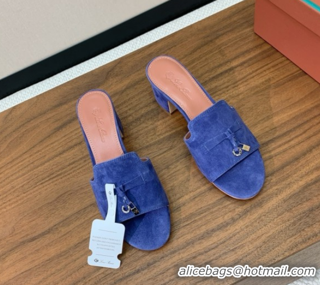 Fashion Luxury Loro Piana Summer Charms Sandal 5.5cm Heel in Suede LP62007 Blue