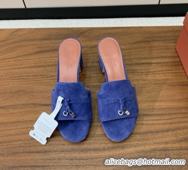 Fashion Luxury Loro Piana Summer Charms Sandal 5.5cm Heel in Suede LP62007 Blue