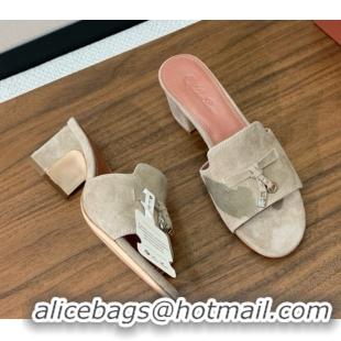 Fashion Loro Piana Summer Charms Sandal 5.5cm Heel in Suede LP62008 Deep Khaki