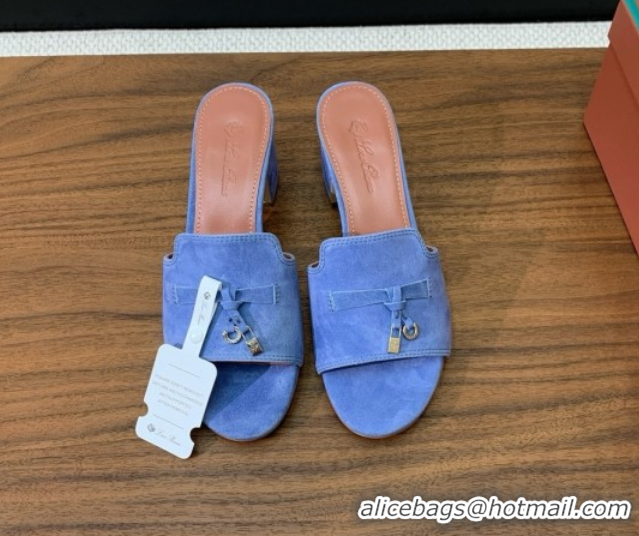 Discount Loro Piana Summer Charms Sandal 5.5cm Heel in Suede LP62013 Blue