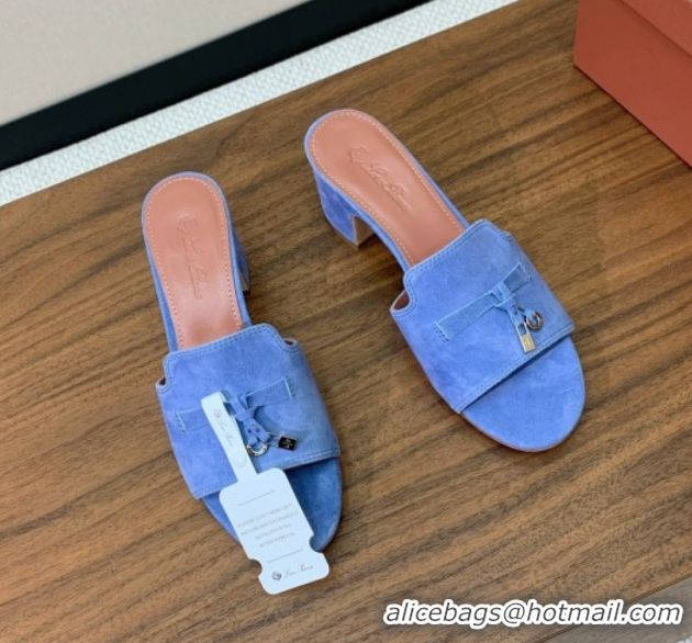 Discount Loro Piana Summer Charms Sandal 5.5cm Heel in Suede LP62013 Blue