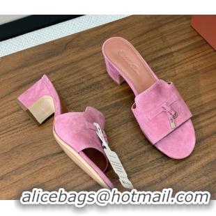 Buy New Cheap Loro Piana Summer Charms Sandal 5.5cm Heel in Suede LP62014 Peach Pink