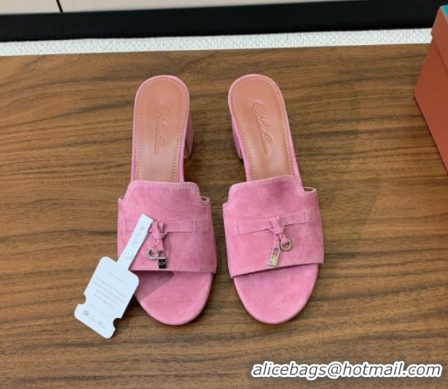 Buy New Cheap Loro Piana Summer Charms Sandal 5.5cm Heel in Suede LP62014 Peach Pink