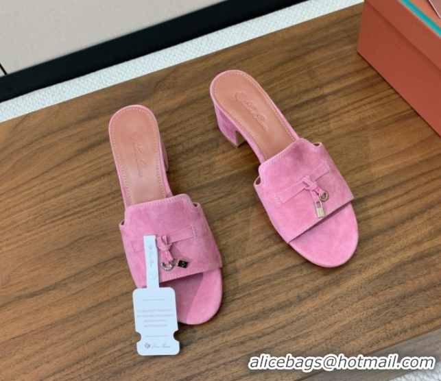Buy New Cheap Loro Piana Summer Charms Sandal 5.5cm Heel in Suede LP62014 Peach Pink