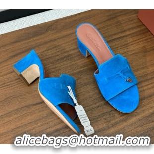 Good Quality Loro Piana Summer Charms Sandal 5.5cm Heel in Suede LP62018 Peacock Blue