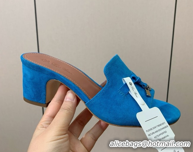 Good Quality Loro Piana Summer Charms Sandal 5.5cm Heel in Suede LP62018 Peacock Blue