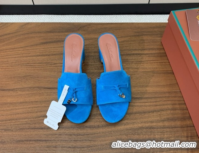 Good Quality Loro Piana Summer Charms Sandal 5.5cm Heel in Suede LP62018 Peacock Blue