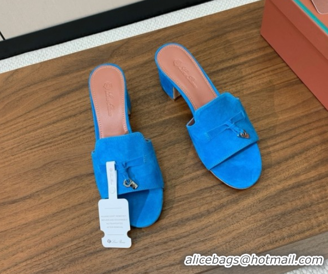 Good Quality Loro Piana Summer Charms Sandal 5.5cm Heel in Suede LP62018 Peacock Blue