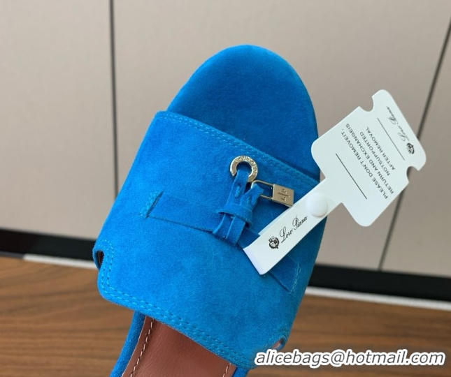 Good Quality Loro Piana Summer Charms Sandal 5.5cm Heel in Suede LP62018 Peacock Blue