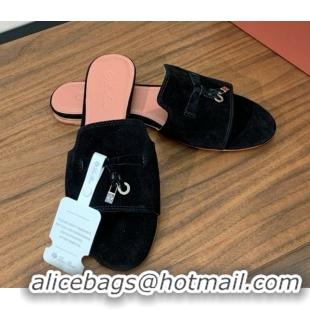 Shop Cheap Loro Piana Summer Charms Slides Sandal in Suede LP62020 Black