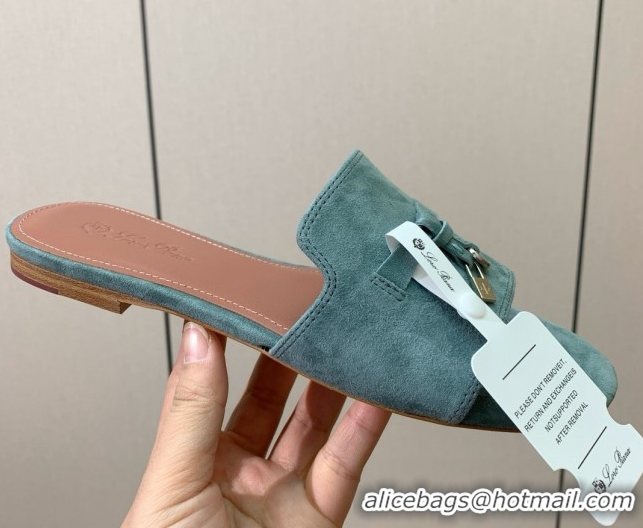 Best Product Loro Piana Summer Charms Slides Sandal in Suede LP62021 Green Grey