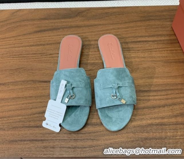 Best Product Loro Piana Summer Charms Slides Sandal in Suede LP62021 Green Grey