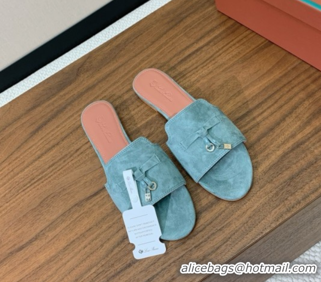 Best Product Loro Piana Summer Charms Slides Sandal in Suede LP62021 Green Grey