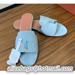 Top Design Loro Piana Summer Charms Slides Sandal in Suede LP62027 Light Blue