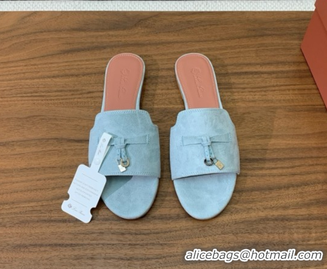 Top Design Loro Piana Summer Charms Slides Sandal in Suede LP62027 Light Blue